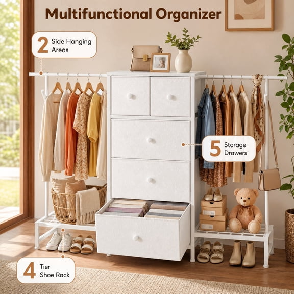 melmine 3-in-1 White Dresser with Hanging Rack Fabric Dresser with 5 Drawers & 2 Shoe Racks