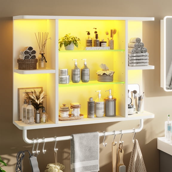 melmine 33.5" Floating Shelves with LED Lights,Wall Mounted Shelf with 8 Storage Cubes & 8 Hooks, for Bedroom,Kitchen,Bathroom,White