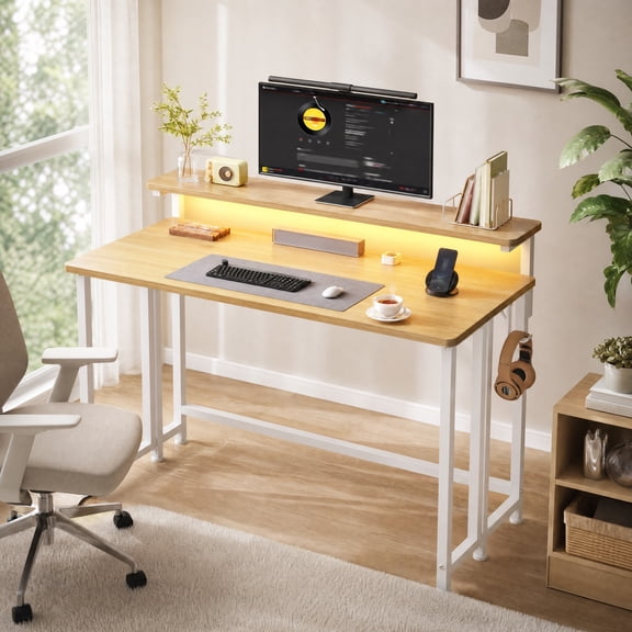 melmine 39.4" Foldable Computer Desk with LED Lights and Monitor Stand, Folding Desk with Hooks for Small Spaces, Corner, Oka