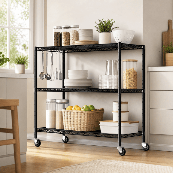 melmine 45"W Heavy Duty Metal Shelving Unit with Wheels,3-Tier Adjustable Wire Storage Shelves,Extra Wide Rolling Shelf Rack for Kitchen Pantry Laundry Room Garage,450 lbs Capacity,Black