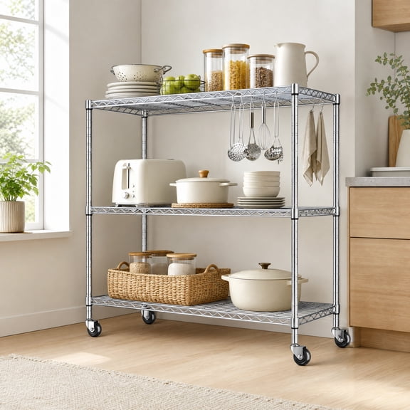 melmine 45"W Heavy Duty Metal Shelving Unit with Wheels,3-Tier Adjustable Wire Storage Shelves,Extra Wide Rolling Shelf Rack for Kitchen Pantry Laundry Room Garage,450 lbs Capacity,Chrome