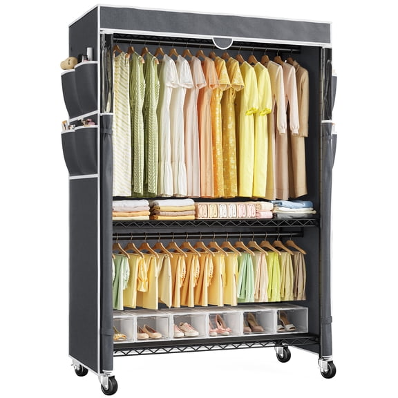 melmine 45"W Rolling Closet Rack with Cover,450lbs Load Capacity Adjustable 81"H Portable Wardrobe with Side Pockets,Black