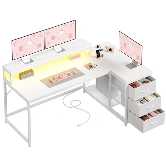 melmine 48" L-Shaped Computer Desk with 3 Drawers and Monitor Stand, Gaming Table with LED Lights & Power Outlets for Corner, Small Space, White