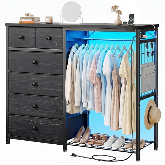 melmine 49.2" W Fabric Dresser for Bedroom with Hanging Rack & 6 Drawers Chest of Drawers with LED Lights and Charging Station, Black