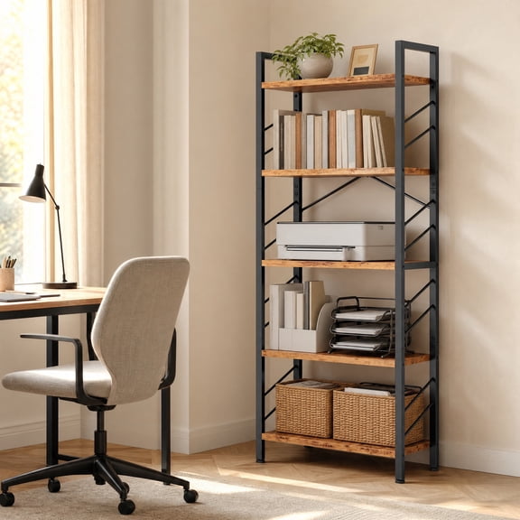 melmine 5 Tier Industrial Bookshelf, Small Bookcase with Metal Frame, Freestanding Storage Shelf and Display Organizer for Bedroom, Living Room, Home Office, Apartment,Black