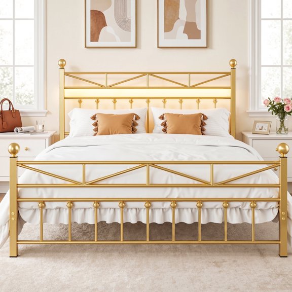 melmine 54" King Metal Bed Frame with Tall Headboard & Footboard,LED Lighting,Noise-Free Design & Under-Bed Storage,No Box Spring Required,Gold