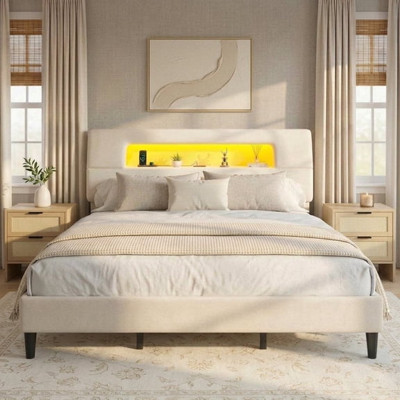 melmine Bed Frame King with Headboard and Storage Upholstered Bed Frame with LED Light & Charge Station,Beige