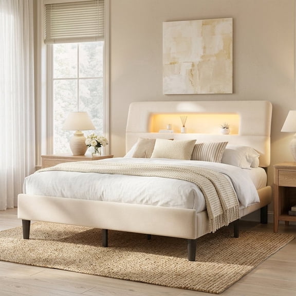 melmine Bed Frame Queen with Headboard and Storage Upholstered Bed Frame with LED Light & Charge Station,Beige