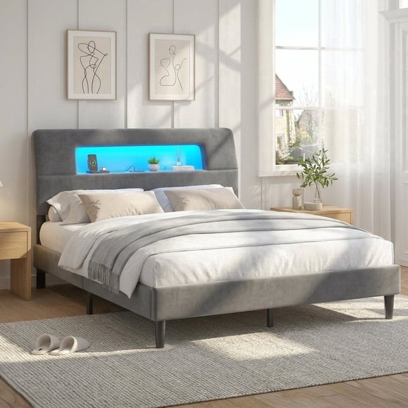 melmine Bed Frame Queen with Headboard and Storage Upholstered Bed Frame with LED Light & Charge Station,Grey