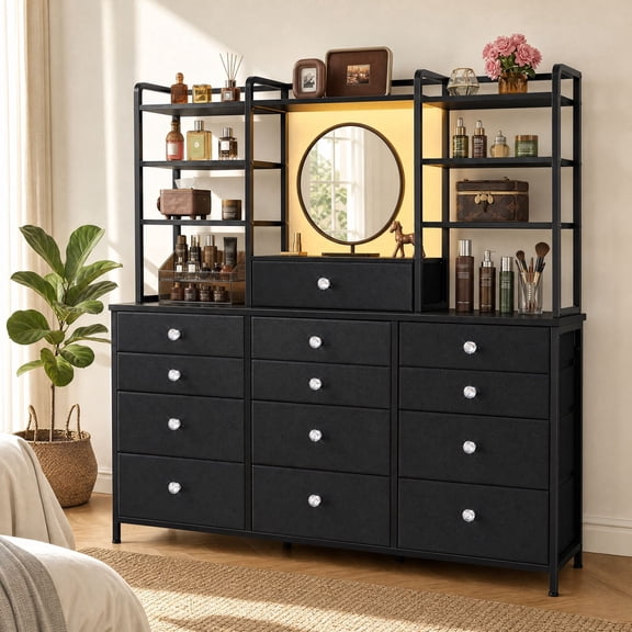 melmine Black Dresser for Bedroom with RGB LED Lights 12 Fabric Drawers Vanity Organizer, Multi-Height Open Shelves, Vertical Space Saving