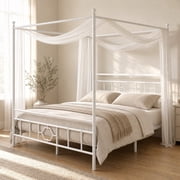 melmine Canopy Bed Frame Queen with Storage Headboard Canopy Metal Bed Frame with 4 Removable Posts Curtain Not Included, White