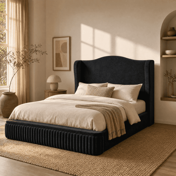 melmine Cloud Bed Frame Full with Wingback Headboard Boucle Platform Bed Frame with Soft Rounded Corner,Easy Assembly,Black