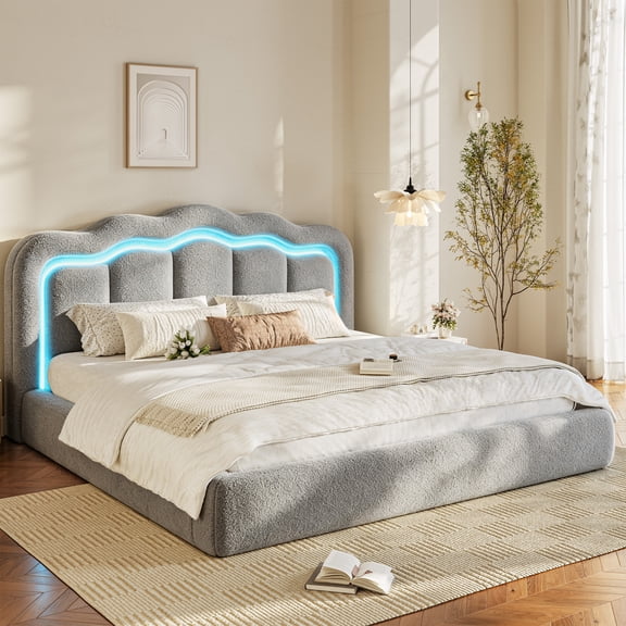 melmine Cloud Bed Frame King with LED Light Boucle Platform Bed Frame with Upholstered Headboard,Noise Free,Easy Assembly,Grey