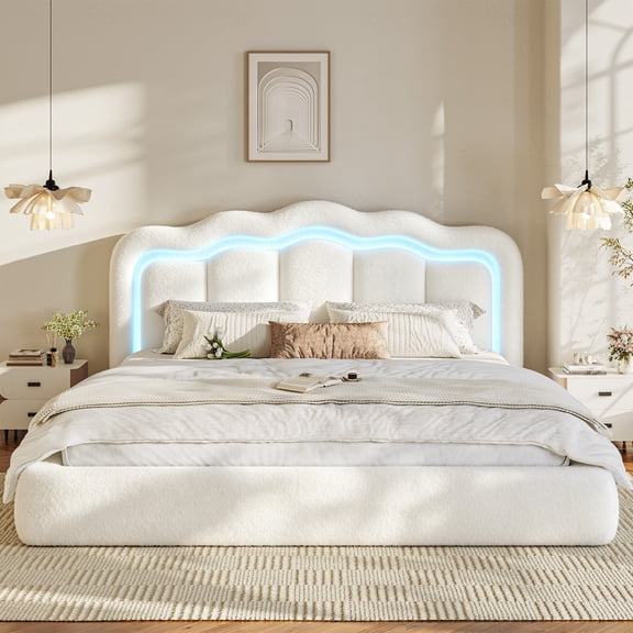 melmine Cloud Bed Frame King with LED Light Boucle Platform Bed Frame with Upholstered Headboard,Noise Free,Easy Assembly,White