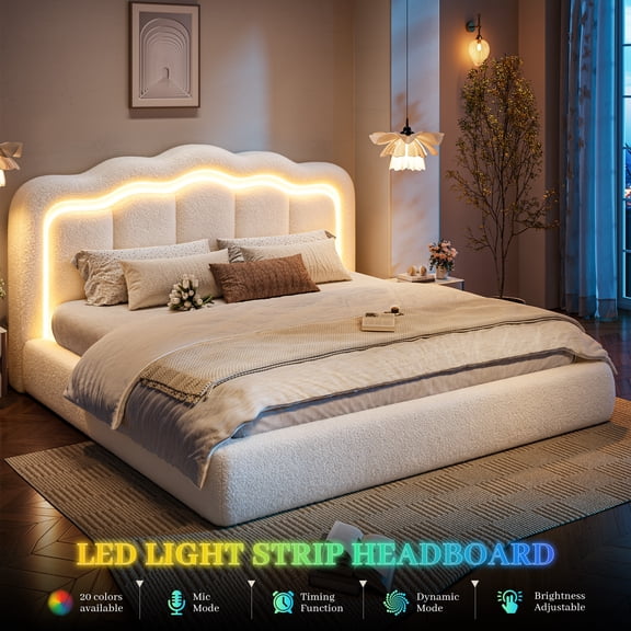melmine Cloud Bed Frame King with LED Light Boucle Platform Bed Frame with Upholstered Headboard,Noise Free,Easy Assembly,White