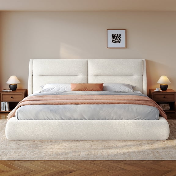 melmine Cloud Bed Frame King with Upholstered Headboard Boucle Platform Bed Frame with Rounded Corner,Easy Assembly, White