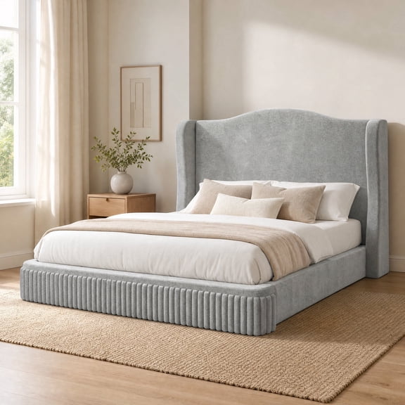 melmine Cloud Bed Frame King with Wingback Headboard Boucle Platform Bed Frame with Soft Rounded Corner,Easy Assembly,Grey