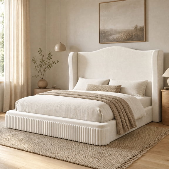 melmine Cloud Bed Frame King with Wingback Headboard Boucle Platform Bed Frame with Soft Rounded Corner,Easy Assembly,White