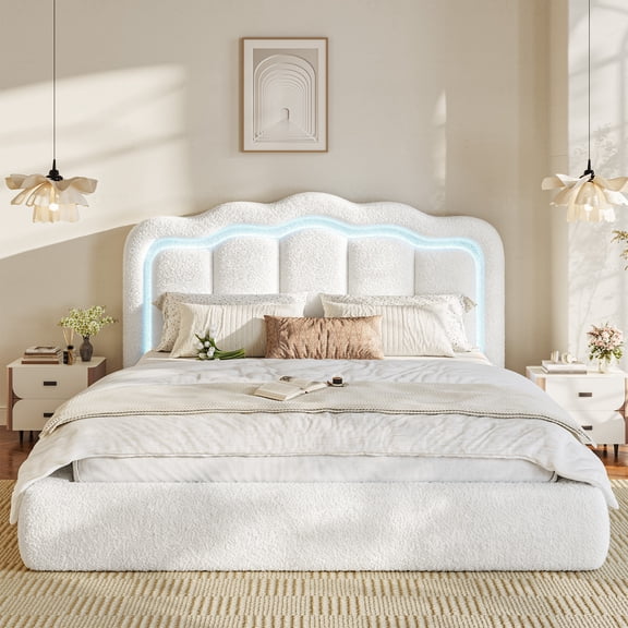 melmine Cloud Bed Frame Queen with LED Light Boucle Platform Bed Frame with Upholstered Headboard,Noise Free,Easy Assembly,White