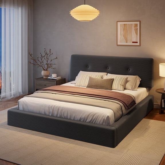 melmine Cloud Bed Frame Queen with Rounded Corner Boucle Platform Bed Frame with Upholstered Headboard,Easy Assembly,Black