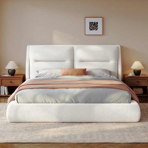 melmine Cloud Bed Frame Queen with Upholstered Headboard Boucle Platform Bed Frame with Rounded Corner,Easy Assembly, White