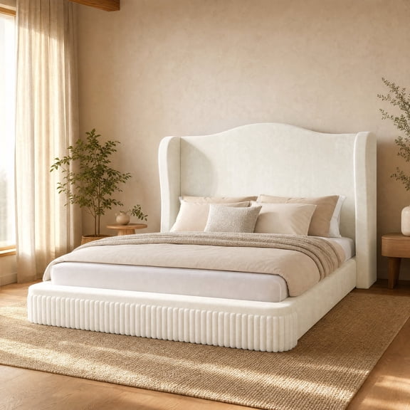 melmine Cloud Bed Frame Queen with Wingback Headboard Boucle Platform Bed Frame with Soft Rounded Corner,Easy Assembly,White