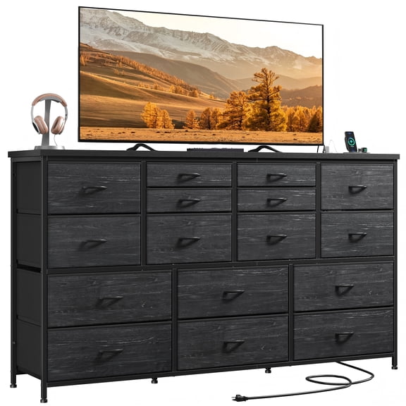 melmine Fabric Dresser for Bedroom with 16 Drawers TV Stand with 3 Power Outlets & 2 Ports for Living Room, Black