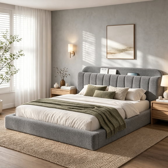 melmine King Size Cloud Bed Frame with LED Light & Srorage Upholstered Bed Frame with Headboard,Noise Free,Easy Assembly,Grey