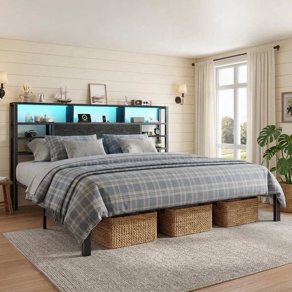 melmine King Size Metal Bed Frame with Storage Headboard Metal Platform Bed with 4-Tier Shelf & LED Lights & Charge Station,Noise-Free,Easy Assembly,Black