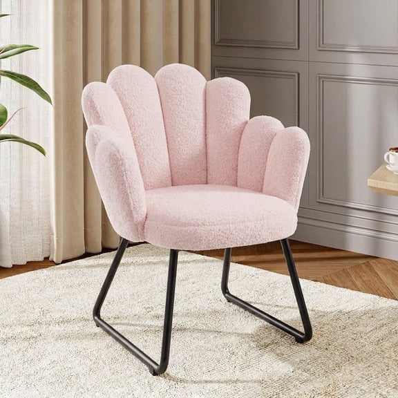 melmine Makeup Vanity Chair with Petal Back Teddy Velvet Shell Accent Chair No Wheels for Bedroom, Living Room, Light Pink