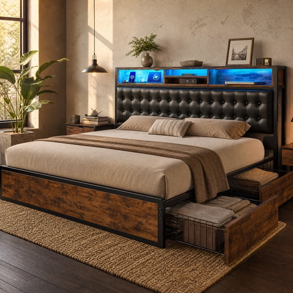 melmine Metal Bed Frame King with 2-Tier Storage Headboard Metal Platform Bed with 4 Drawers & LED Light & Charge Station,Noise Free,Easy Assembly,Rustic Brown