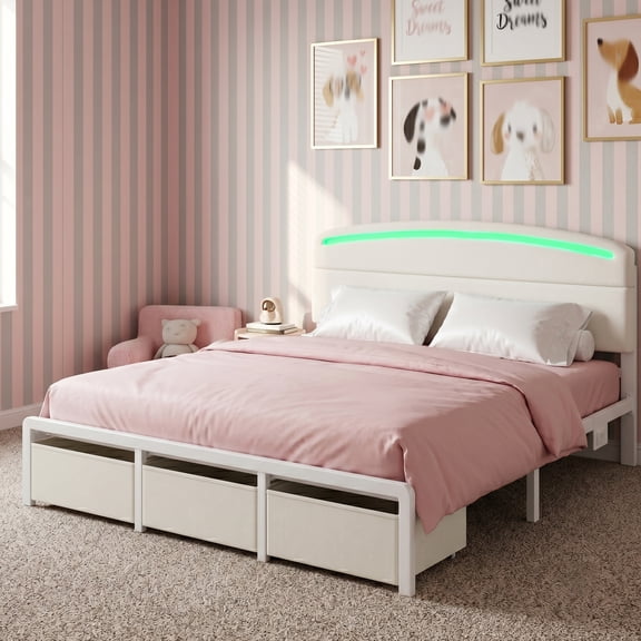 melmine Metal Bed Frame King with 3 Storage Drawers Metal Platform Bed Frame with Upholstered Headboard & Charge Station & LED Light, Noise-Free, Beige