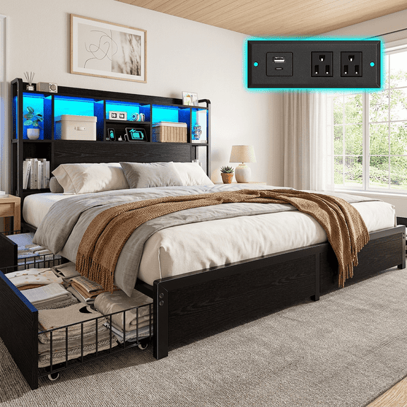 melmine Metal Bed Frame with 4 Storage Drawers King Size Bed Frame with 51.2"Headboard & 3-Tier Shelf & Charge Station,Black