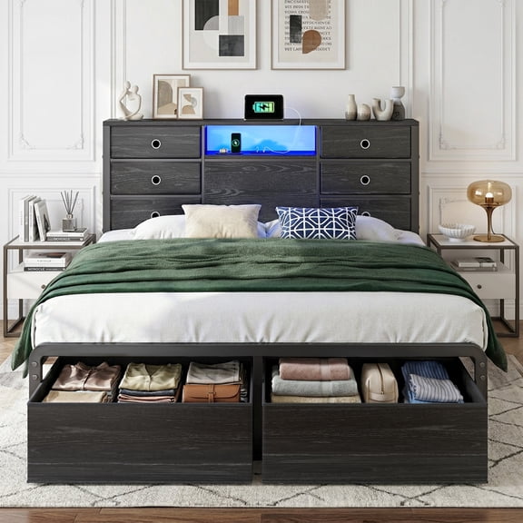 melmine Metal Bed Frame with Storage Headboard Queen Size Bed Frame with 8 Drawers & LED Light & Charge Station,Black