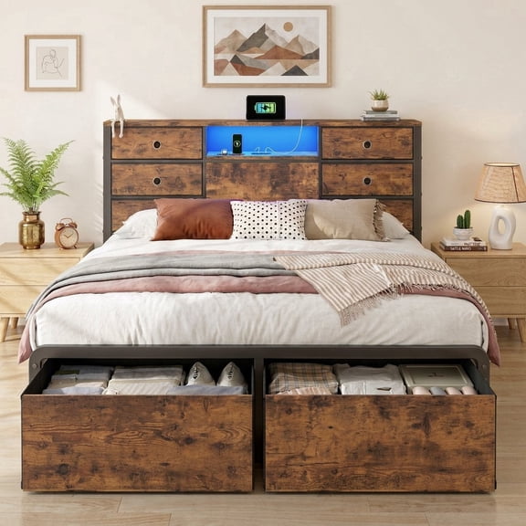 melmine Metal Bed Frame with Storage Headboard Queen Size Bed Frame with 8 Drawers & LED Light & Charge Station,Brown