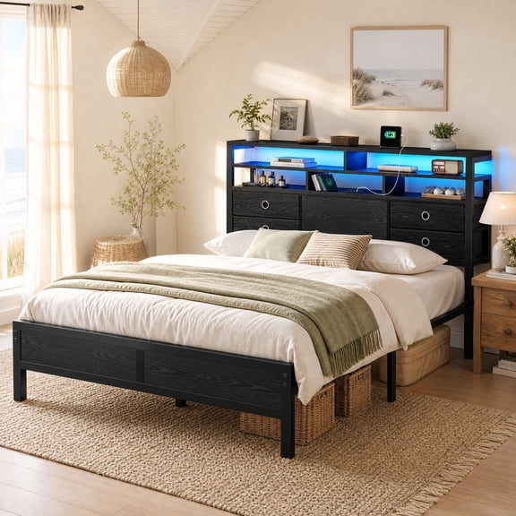 melmine Metal Platform Bed Frame with 4 Drawers Metal Bed Frame Queen with Headboard & LED Light & 2-Tier Shelf & Charge Station,Black