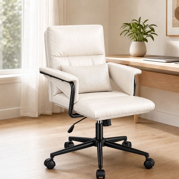 melmine Mid-Back PU Leather Office Chair Height Adjustable Home Desk Chair, 360° Swivel, White