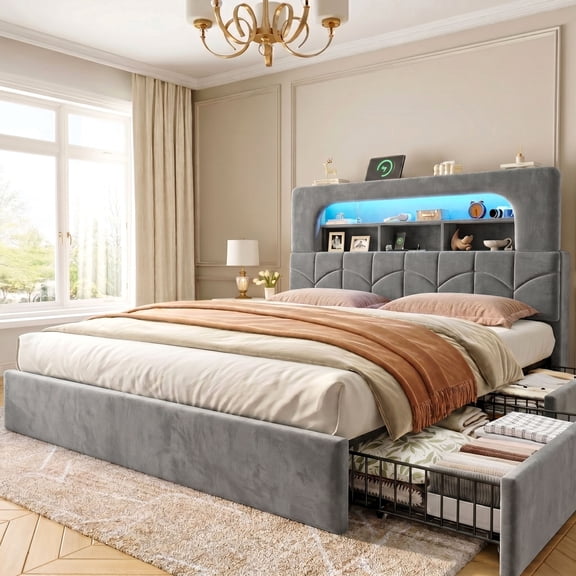melmine Queen Size Bed Frame with 4 Drawers & Metal Slats Upholstered Bed Frame with 3-Tier Storage Headboard & Charge Station & LED Light,Heavy Duty Support,Noise Free,Grey