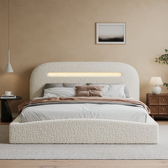 melmine Queen Size Cloud Bed Frame with LED Light Boucle Platform Bed Frame with Rounded Corner & Upholstered Headboard,15-Minute Easy Assemble,White