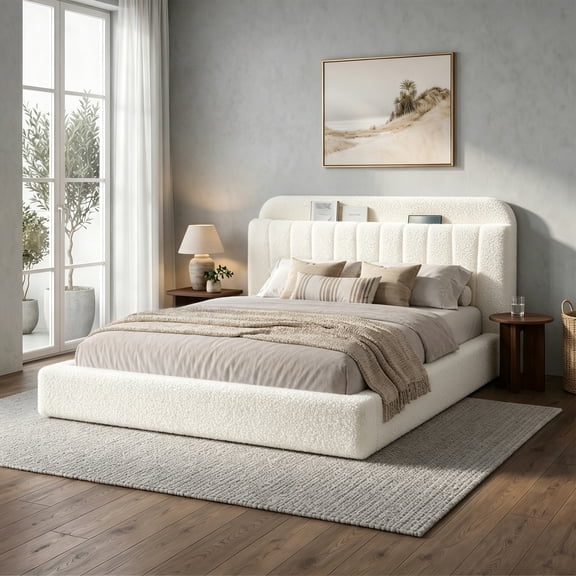melmine Queen Size Cloud Bed Frame with LED Light & Srorage Upholstered Bed Frame with Headboard,Noise Free,Easy Assembly,White