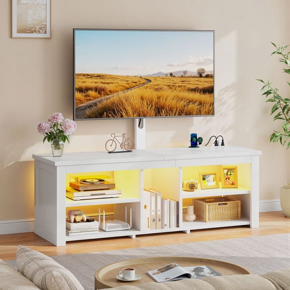 melmine TV Stand with Mount for 55-70 Inch TVs, Entertainment Center with Power Outlet, LED Lights, Swivel Height Adjustable TV Mount, Wood Media Console for Living Room and Bedroom,White