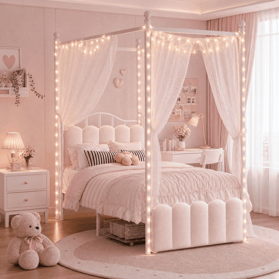 melmine Twin Size Bed Frame with Storage Drawer Canopy Bed Frame Twin with Upholstered Headboard & Charge Station & LED Light,Curtain Not Included,Easy Assembly,Beige