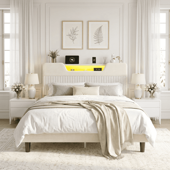 melmine Upholstered Bed Frame Queen with Storage Headboard Queen Size Bed Frame with LED Lights & Charge Station,Hollow Designation,Easy Assembly,Beige