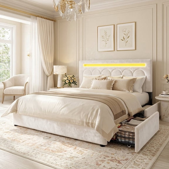 melmine Upholstered Bed Frame for Queen Size Bed Frame with 4 Storage Drawers & LED Lights,Noise-free Easy Assembly,Beige
