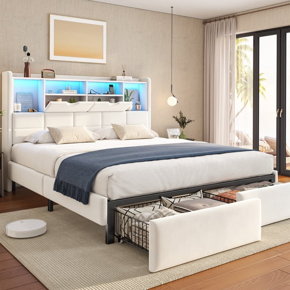melmine Upholstered Bed Frames for Queen Size Bed Frame with 2 Drawers & 2-Tier Storage Headboard & Charge Station & LED Light & Metal Slats,Noise Free,Beige