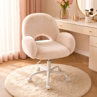 melmine Vanity Chair with Round Hollow Back & Arms Height Adjustable Desk Chair Swivel Cute Makeup Stool, Cream