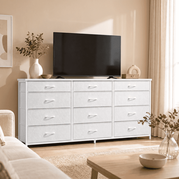 melmine Wide Dresser TV Stand with 12 Fabric Drawers for Bedroom Entertainment Center for 60 inch TV, White