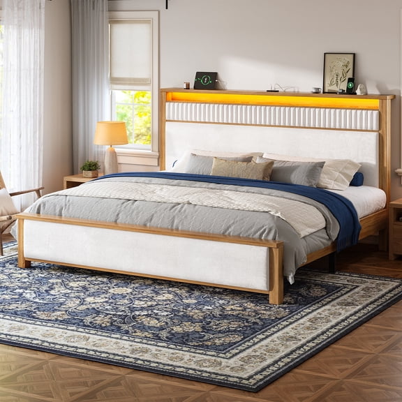 melmine Wood Bed Frame King with Upholstered Headboard & LED Light & Charge Station Solid Wooden Platform Bed Frame King Size with 7.8" Under Storage,Teak