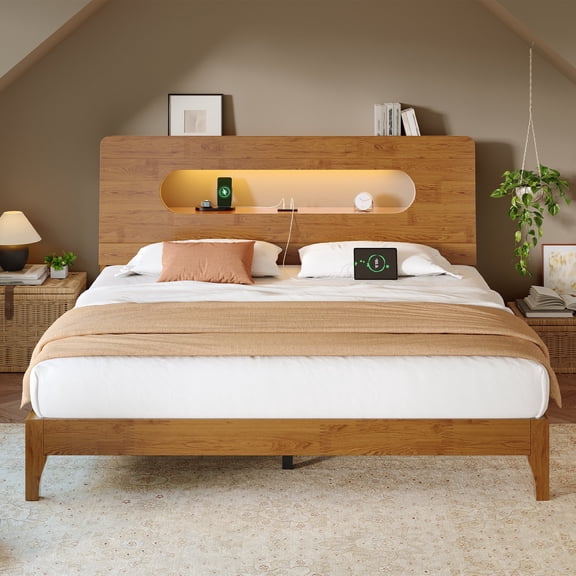 melmine Wood Platform Bed Frame Queen with Storage Headboard Modern Wooden Bed Frame with LED Lights & Charge Station,Noise-Free,Easy Assembly,Brown
