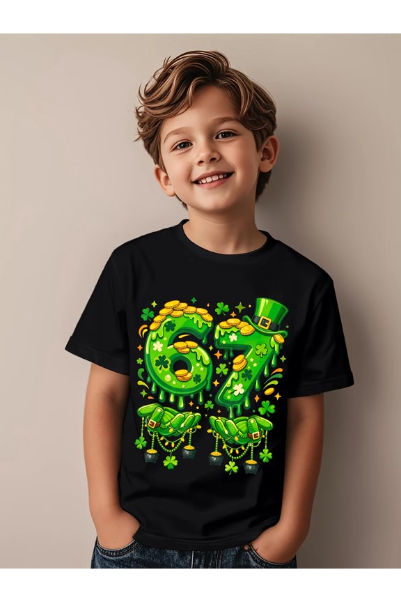 meme 67 st patricks day clover series short sleeve t shirts for boys and girls casual wear suitable for birthday gifts everyday clothing for special occasions round